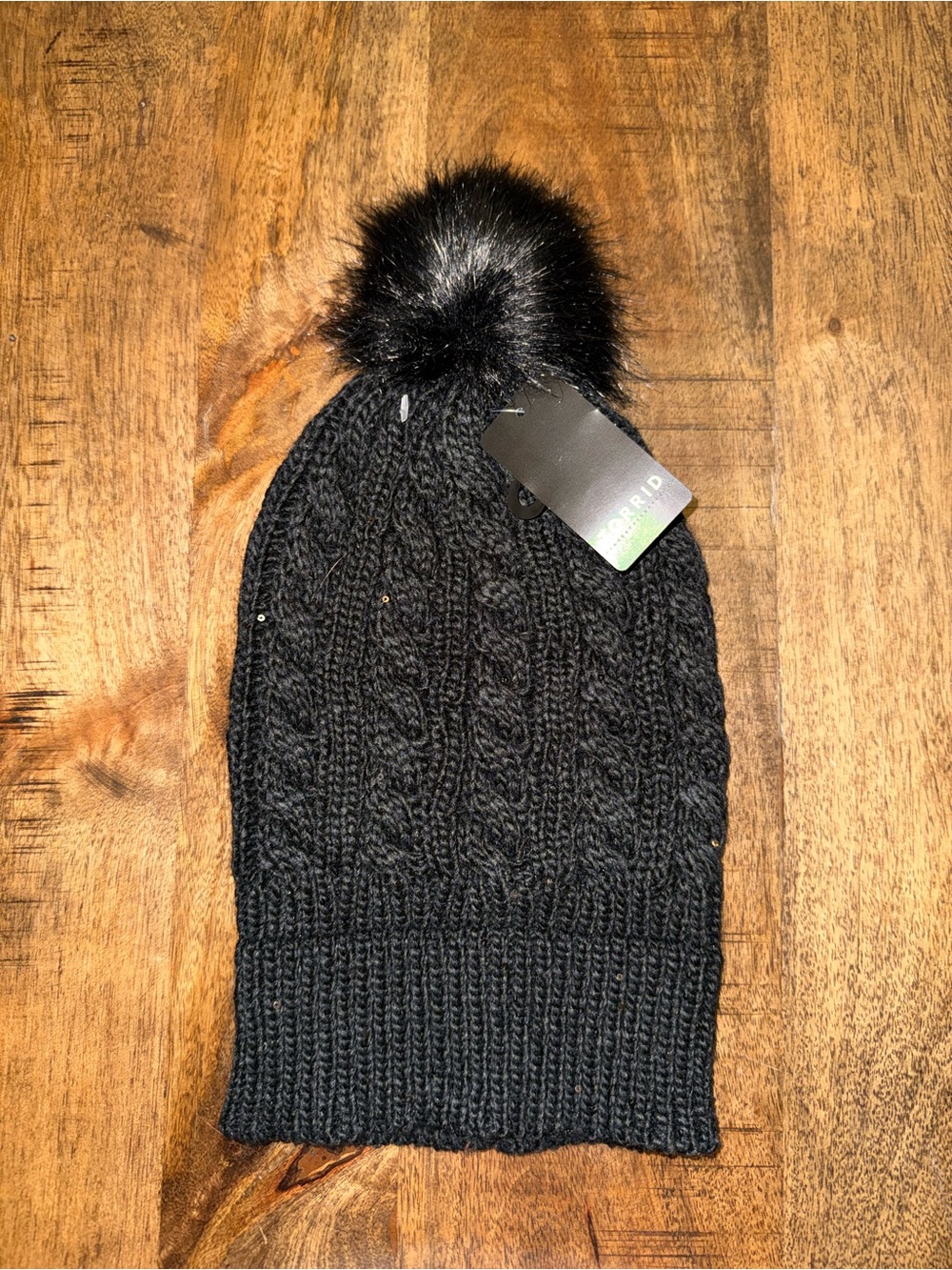 Torrid Black Cable Knit Beanie with Faux Fur Pom